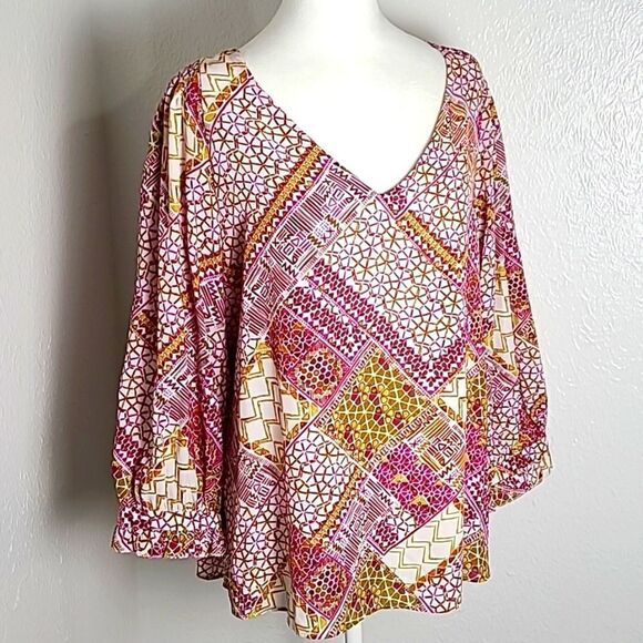 Zac & Rachel Colorful Print Top, Wide Balloon Sleeves, Pink,White,Gold, Size XL - Picture 1 of 9